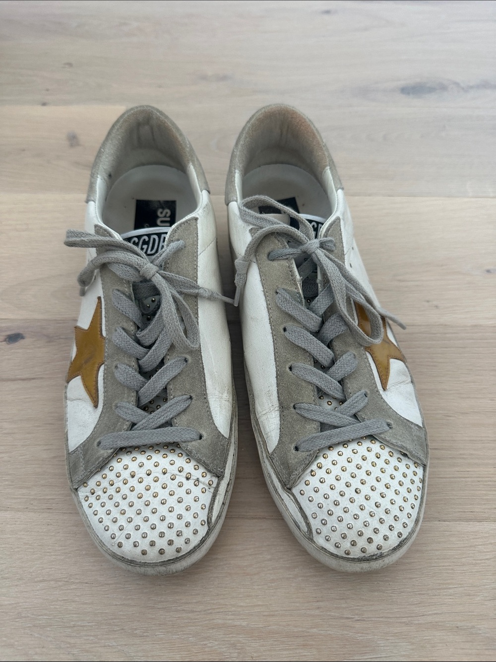 Golden Goose White, Gray & Gold Star Studded Sneakers